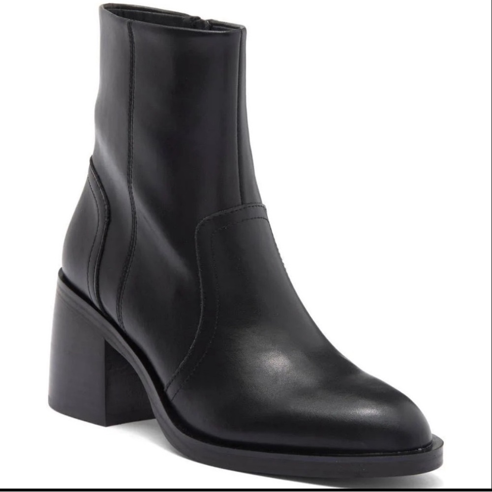 Steve Madden Phillie Black Leather Ankle Boots | 2” Block Heel | Zip Booties
